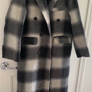 Plaid Merino Wool Coat unlined black white gray monochrome EUC